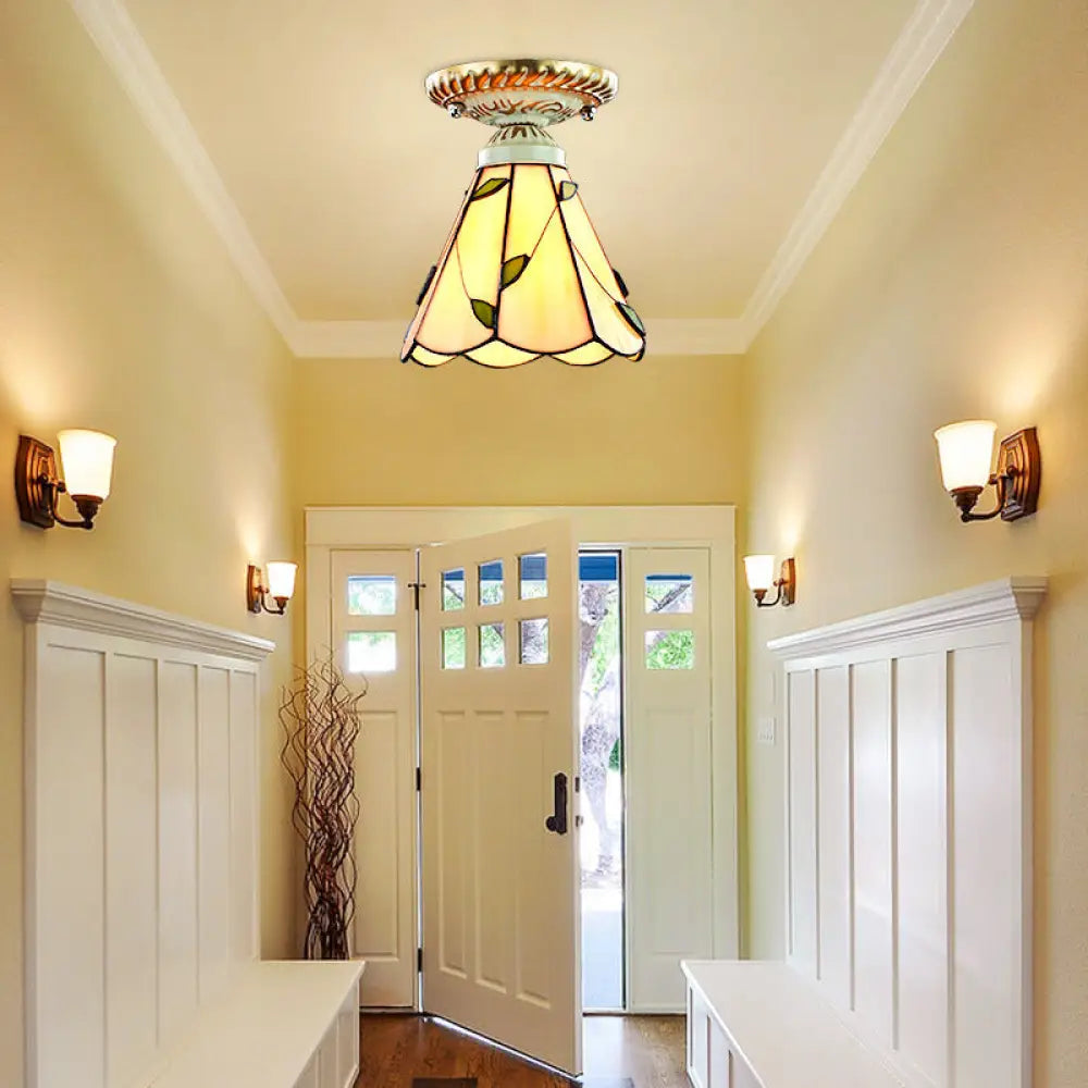 Vintage Conic Stained Glass Ceiling Light In Blue/Beige For Hallway Beige