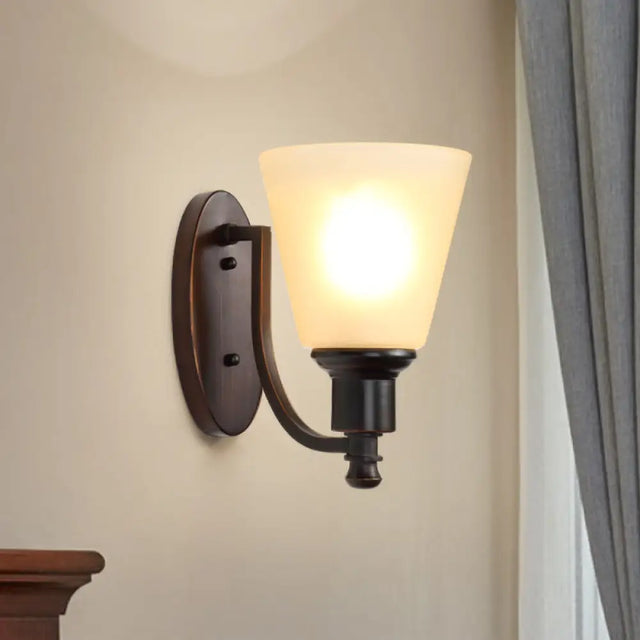 Vintage Conical Milk Glass Wall Sconce Light Fixture In Black For Living Room