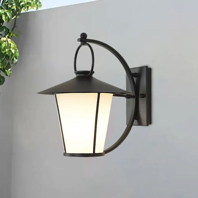 Vintage Conical Opal Glass Wall Mount Light - 1-Head Courtyard Lighting With Arc Arm Black/Brass