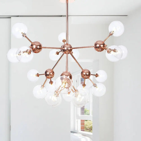 Vintage Copper Chandelier With Clear/Amber Glass Orb Shades - 3/9/12 Lights Branch Design