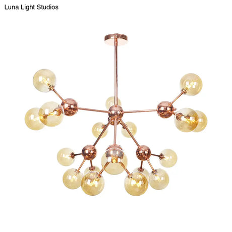 Vintage Copper Chandelier With Clear/Amber Glass Orb Shades - 3/9/12 Lights Branch Design