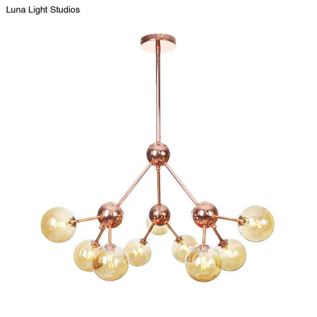 Vintage Copper Chandelier With Clear/Amber Glass Orb Shades - 3/9/12 Lights Branch Design