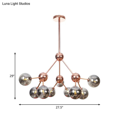 Vintage Copper Chandelier With Clear/Amber Glass Orb Shades - 3/9/12 Lights Branch Design