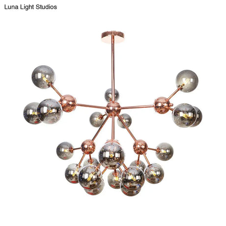 Vintage Copper Chandelier With Clear/Amber Glass Orb Shades - 3/9/12 Lights Branch Design