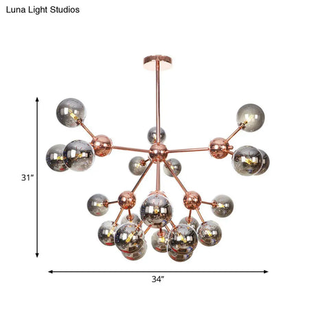 Vintage Copper Chandelier With Clear/Amber Glass Orb Shades - 3/9/12 Lights Branch Design