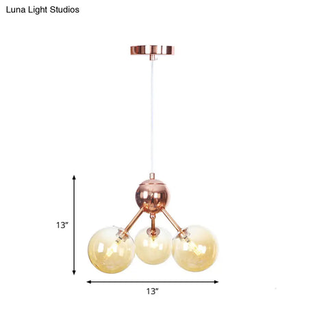 Vintage Copper Chandelier With Clear/Amber Glass Orb Shades - 3/9/12 Lights Branch Design