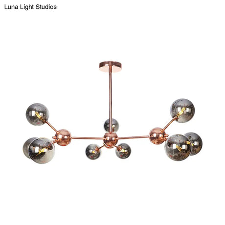 Vintage Copper Chandelier With Clear/Amber Glass Orb Shades - 3/9/12 Lights Branch Design