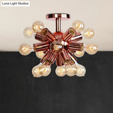 Vintage Copper Starburst Ceiling Light With Bare Bulb - Ideal For Restaurants (6/9 Heads)