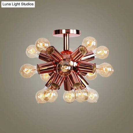 Vintage Copper Starburst Ceiling Light With Bare Bulb - Ideal For Restaurants (6/9 Heads)