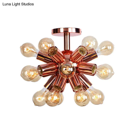 Vintage Copper Starburst Ceiling Light With Bare Bulb - Ideal For Restaurants (6/9 Heads)