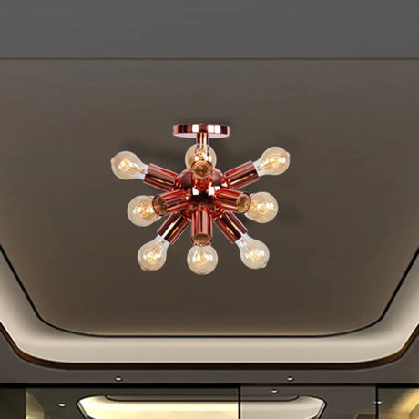 Vintage Copper Starburst Ceiling Light With Bare Bulb - Ideal For Restaurants (6/9 Heads) 9 /