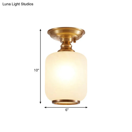 Vintage Corridor Flush Light With Opal Glass Shade In Brass