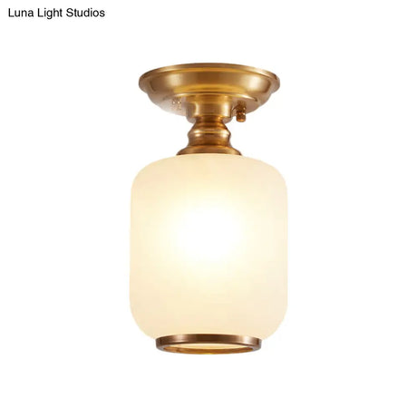 Vintage Corridor Flush Light With Opal Glass Shade In Brass