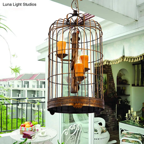 Vintage Countryside Chandelier Lamp With Amber Drop Pendant And Resin Bird Cage