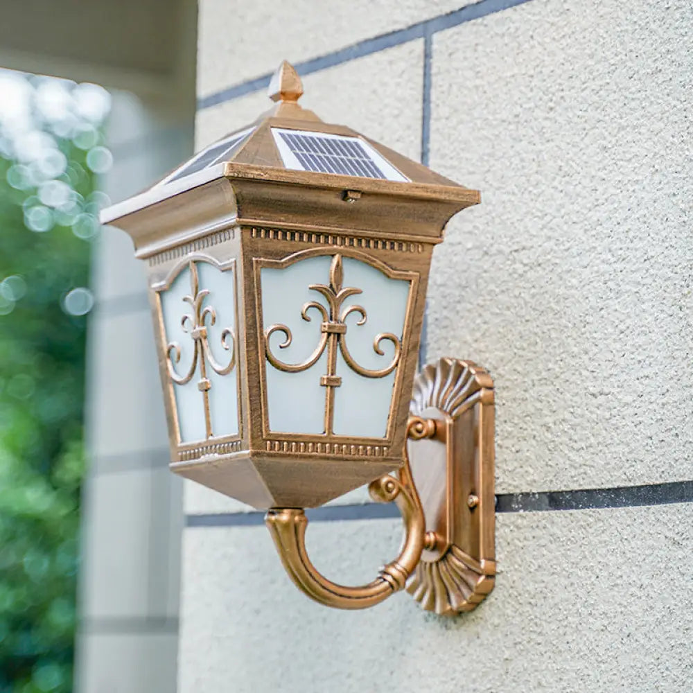 Vintage Courtyard Solar Wall Light - House Shaped Metal Lamp With Frost Glass Shade Bronze / A