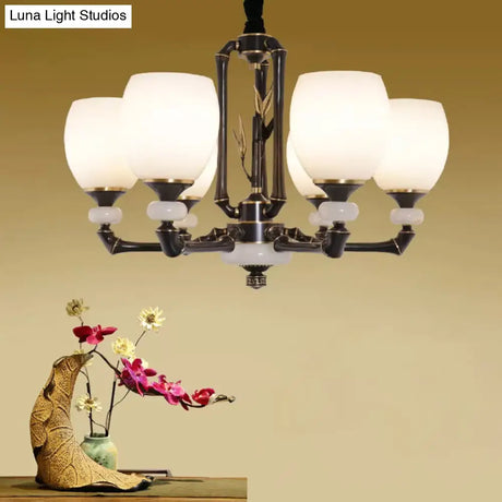 Vintage Cream Glass 6-Head Black Bell Suspension Chandelier For Dining Room