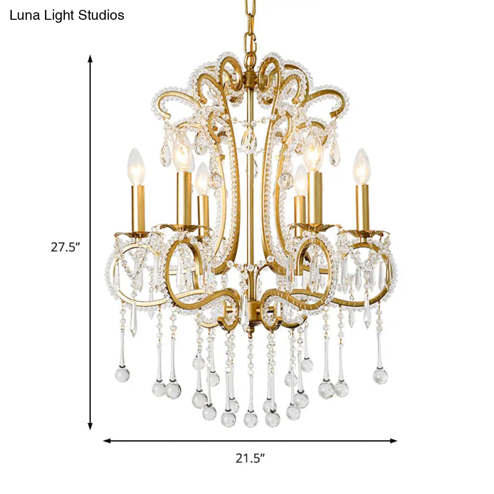 Vintage Crystal and Metal 6-Light Pendant for Bedroom with Gold Finish Gold
