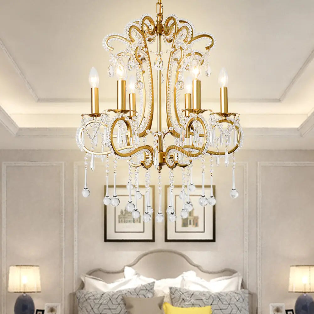 Vintage Crystal and Metal 6-Light Pendant for Bedroom with Gold Finish Gold