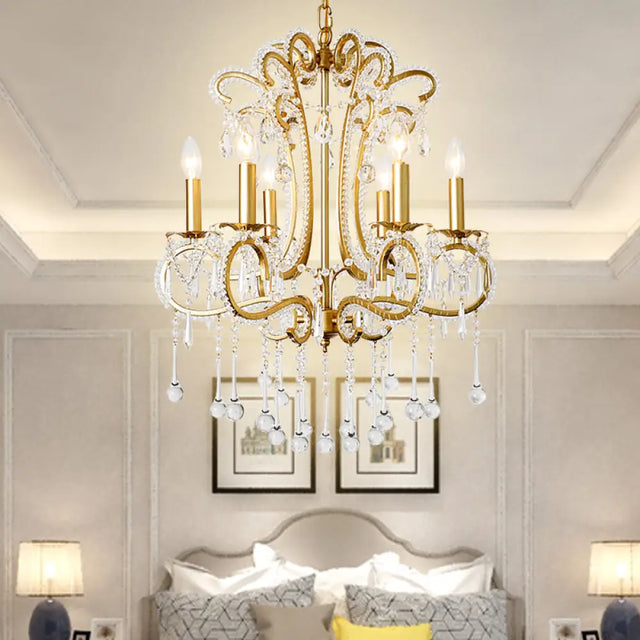 Vintage Crystal and Metal 6-Light Pendant for Bedroom with Gold Finish Gold