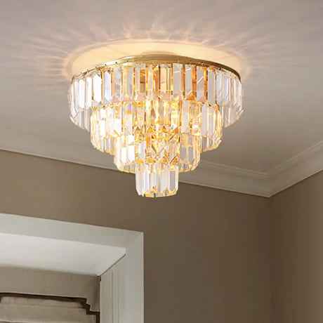 Vintage Crystal Block Flush Mount Lamp - 16’/19.5’ Dia 5/6 Heads Gold Finish / 16’