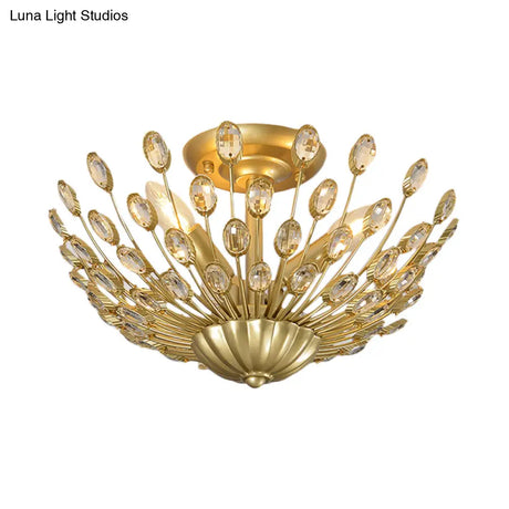 Vintage Crystal Bowl Semi-Flush Ceiling Lamp With Gold Finish For Bedroom - 3 Bulbs