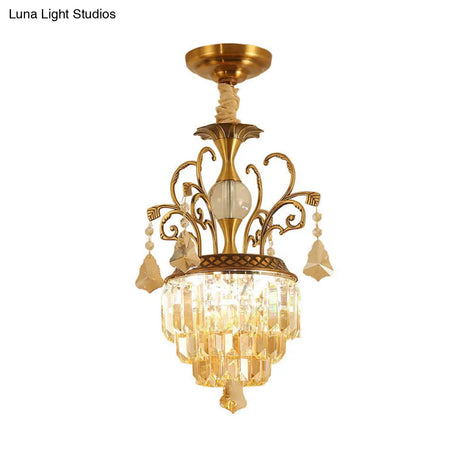 Vintage Crystal Chandelier Light Fixture With Swirl Arm - Brass 4 Heads For Corridors