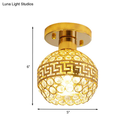 Vintage Crystal Gold Dome Ceiling Lamp With Oriental Trim And Inlaid Crystals - 1 Head Semi Mount