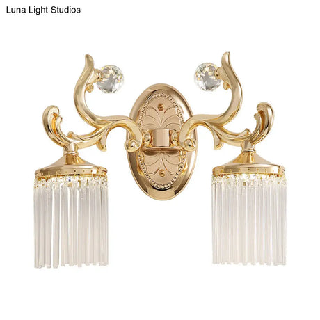Vintage Crystal Wall Light With Gold Curved Arm & 1/2 Bulbs For Clear Pipe Lighting