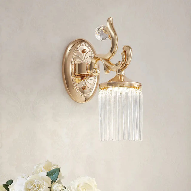 Vintage Crystal Wall Light With Gold Curved Arm & 1/2 Bulbs For Clear Pipe Lighting 1 /