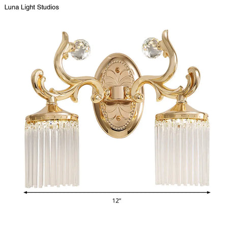 Vintage Crystal Wall Light With Gold Curved Arm & 1/2 Bulbs For Clear Pipe Lighting