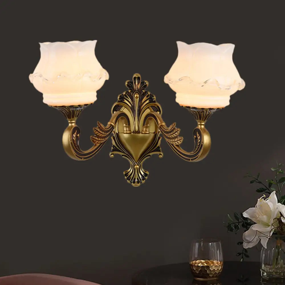 Vintage Curved Arm Brass Wall Lamp With Flower Milk Glass Shade 2 / A