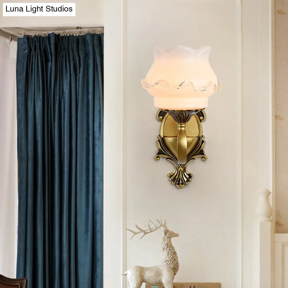 Vintage Curved Arm Brass Wall Lamp With Flower Milk Glass Shade