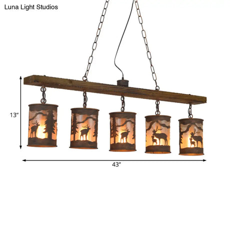 Vintage Cylinder Island Chandelier With Metal And Fabric Shade - 3/5/6 Lights Rustic Hanging Lamp