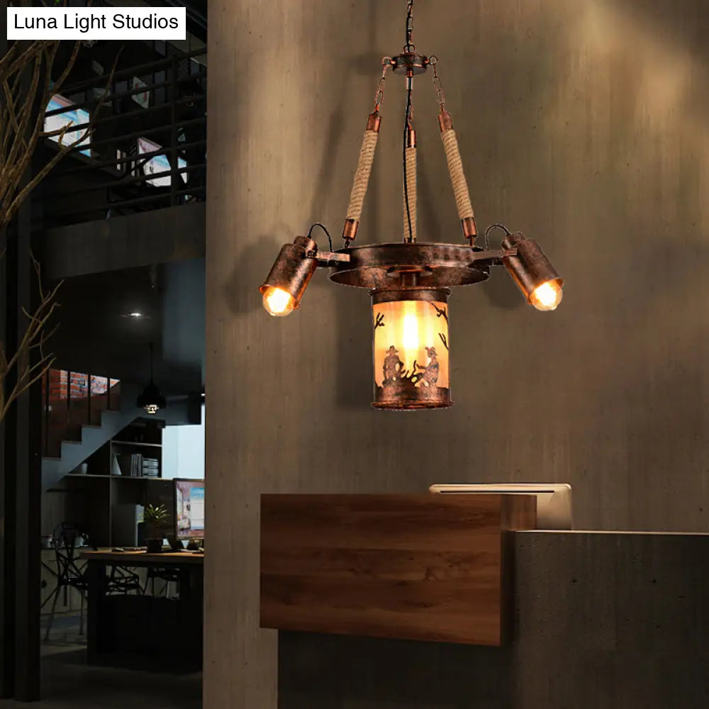 Vintage Cylinder Metal Chandelier - 4/7 Light Pendant In Weathered Copper For Dining Room Lighting