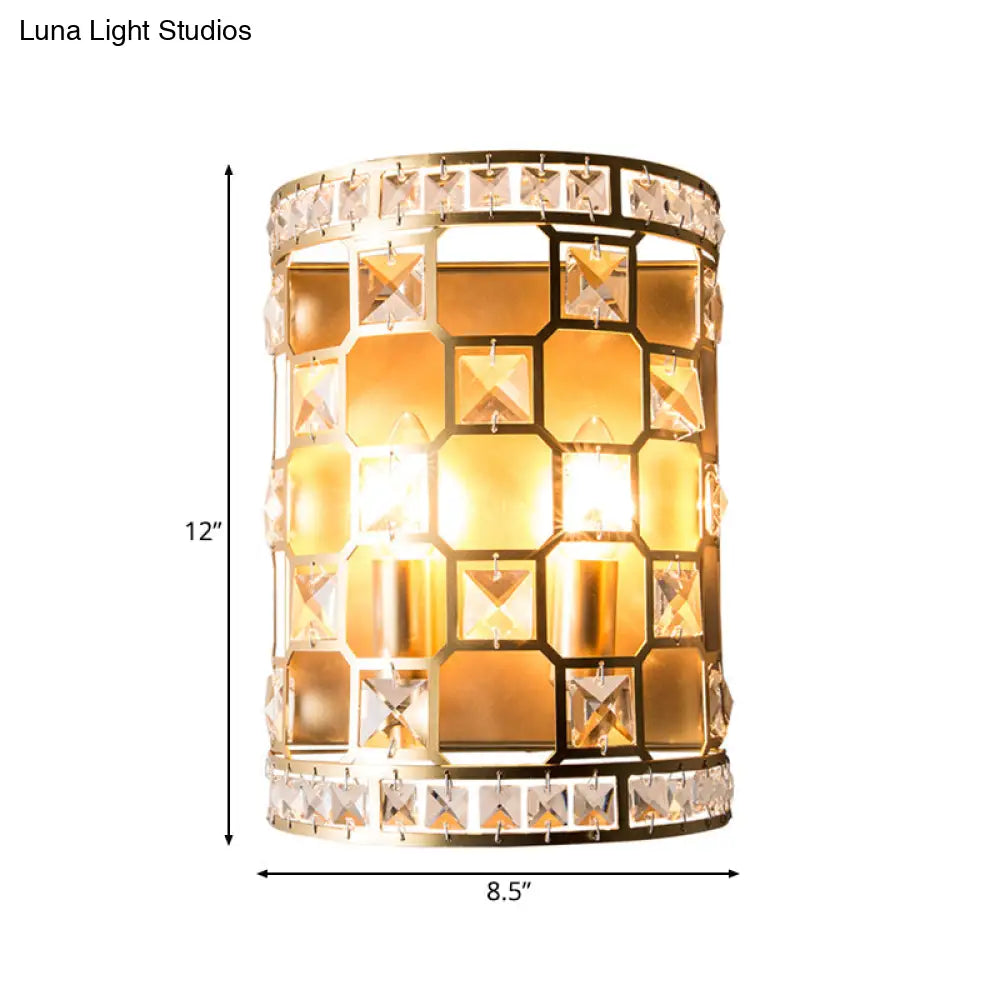 Vintage Cylindrical Crystal Wall Light: 2-Head Gold Flush Mount Sconce For Bedside