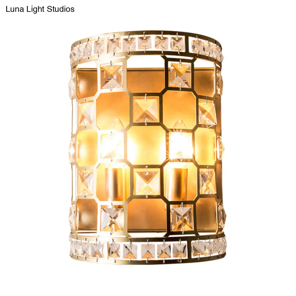 Vintage Cylindrical Crystal Wall Light: 2-Head Gold Flush Mount Sconce For Bedside