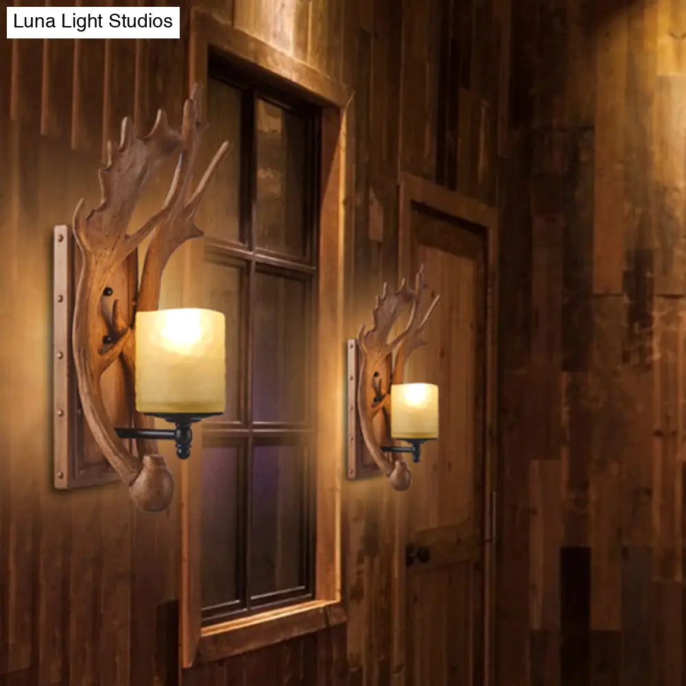 Vintage Deer Horn Wall Lamp With Cylinder Beige Glass Shade For Restaurants