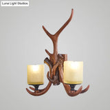 Vintage Deer Horn Wall Lamp With Cylinder Beige Glass Shade For Restaurants