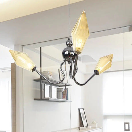 Vintage Diamond Hanging Lamp: Amber/Clear Glass 3-Head Chandelier With Adjustable Cord -