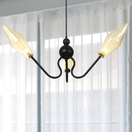 Vintage Diamond Hanging Lamp: Amber/Clear Glass 3-Head Chandelier With Adjustable Cord -