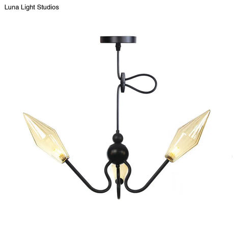 Vintage Diamond Hanging Lamp: Amber/Clear Glass 3-Head Chandelier With Adjustable Cord -