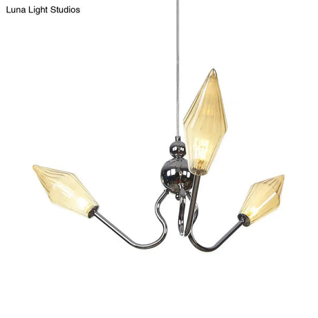 Vintage Diamond Hanging Lamp: Amber/Clear Glass 3-Head Chandelier With Adjustable Cord -