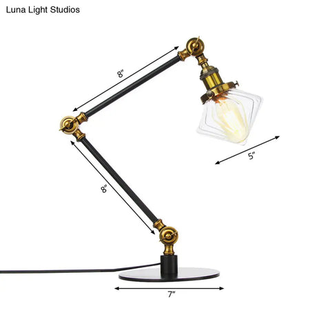 Vintage Diamond Shade Table Lamp: Amber/Clear Glass Adjustable Arm - Black/Brass