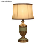Vintage Drum Desk Lamp With Fabric Night Table Lighting - 1 Head Black/Brown/Green Pot Base