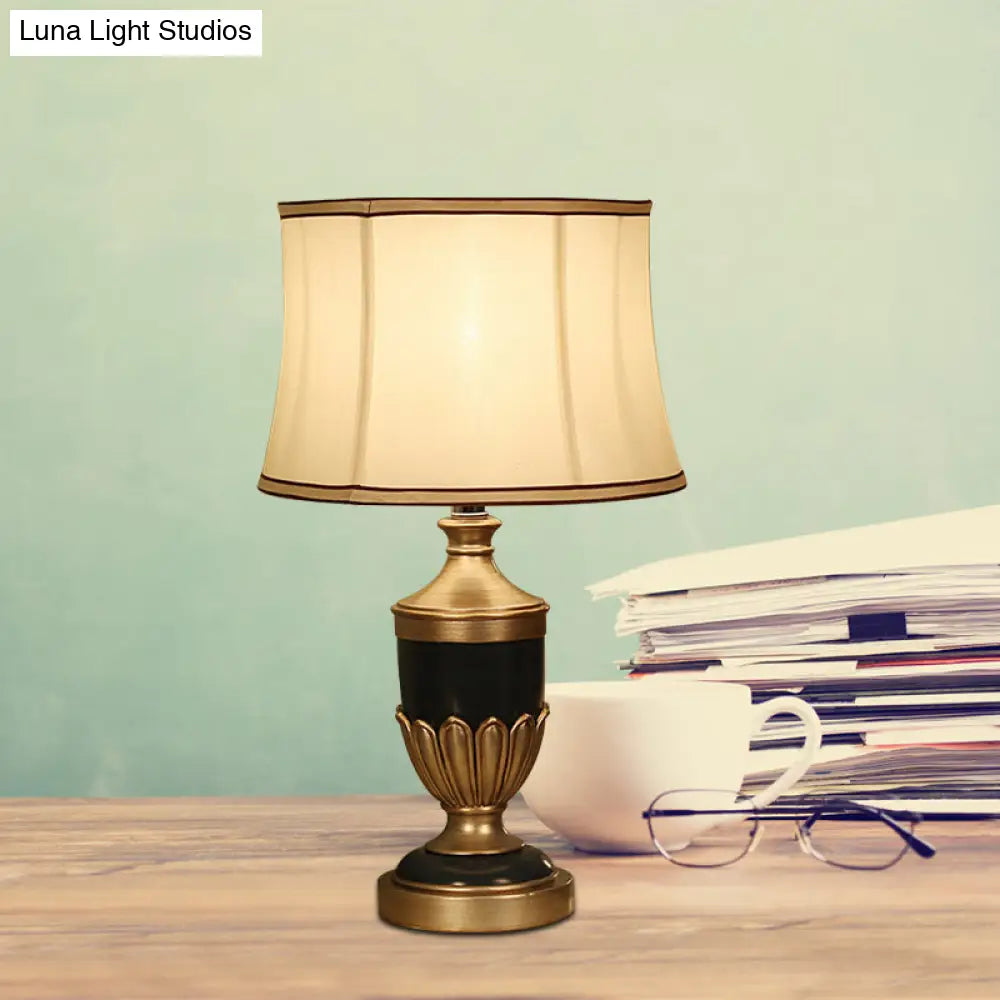 Vintage Drum Desk Lamp With Fabric Night Table Lighting - 1 Head Black/Brown/Green Pot Base