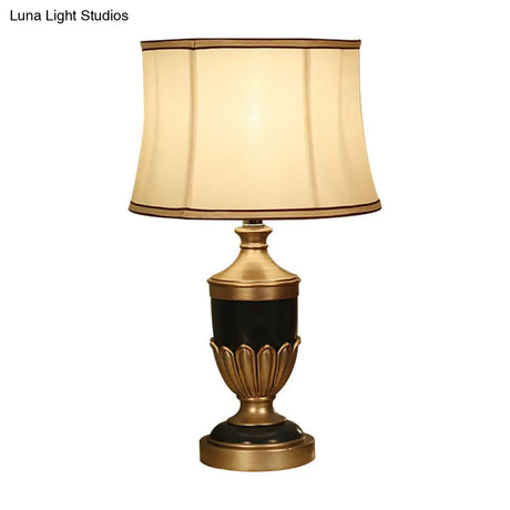 Vintage Drum Desk Lamp With Fabric Night Table Lighting - 1 Head Black/Brown/Green Pot Base