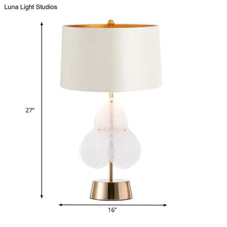Vintage Drum Glass Table Lamp - White/Gold Finish With Crystal Leaf Decoration 1-Light Bedside