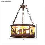 Vintage Drum Pendant Chandelier: 3-Bulb Metal & Fabric Ceiling Lamp With Animal Pattern - Rust