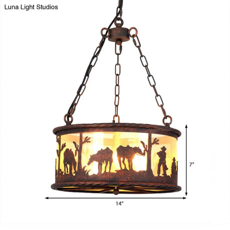 Vintage Drum Pendant Chandelier: 3-Bulb Metal & Fabric Ceiling Lamp With Animal Pattern - Rust