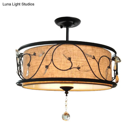 Vintage Drum Semi Flush Ceiling Light In Black Finish For Living Room Décor